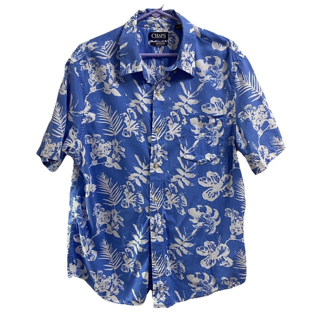 Chaps Go Untucked Men's Short Sleeve Blue&White Floral Button-up Shirt Size XL